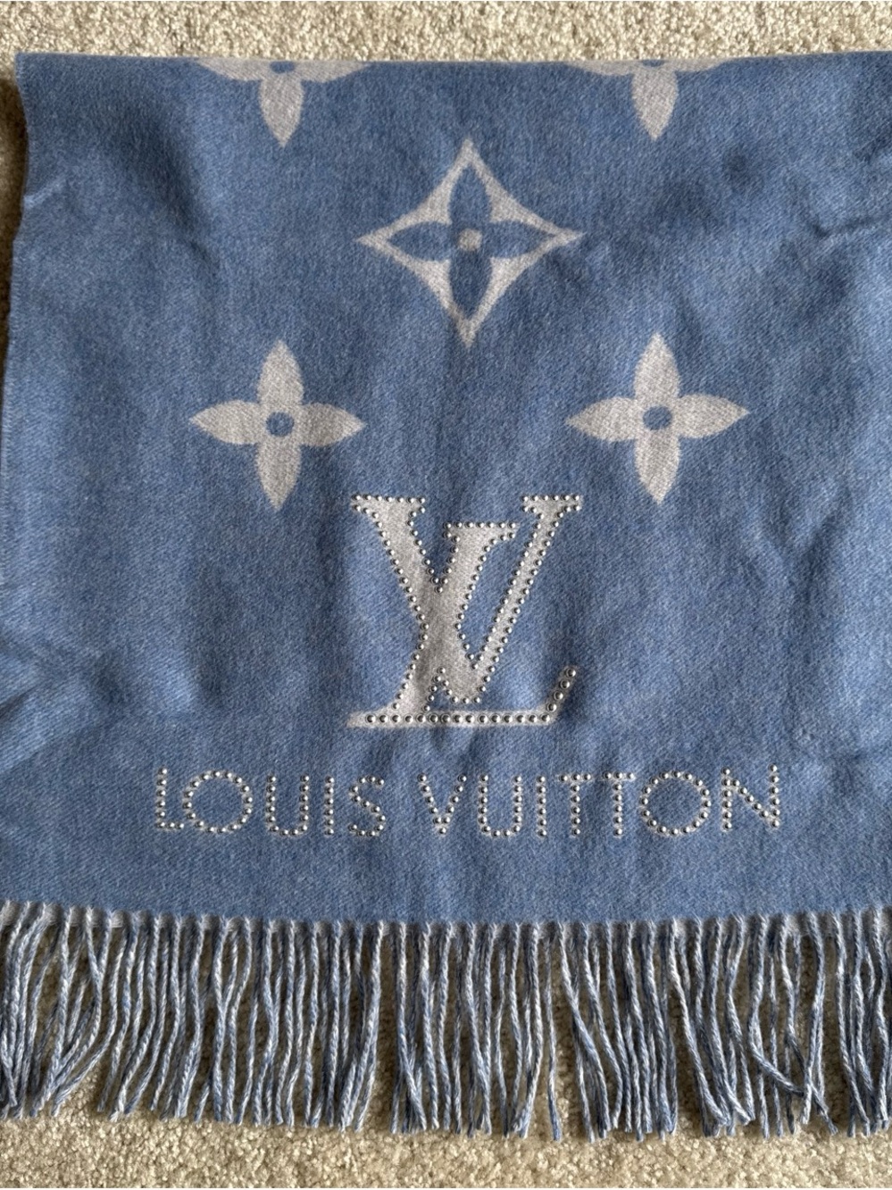 Louis Vuitton Light Blue Monogram Studded Logo Cashmere Scarf